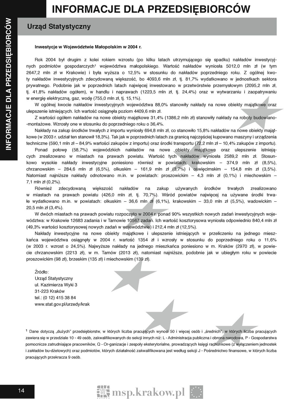 Wartość nakładów wyniosła 5012,0 mln zł (w tym 2647,2 mln zł w Krakowie) i była wyższa o 12,5% w stosunku do nakładów poprzedniego roku.