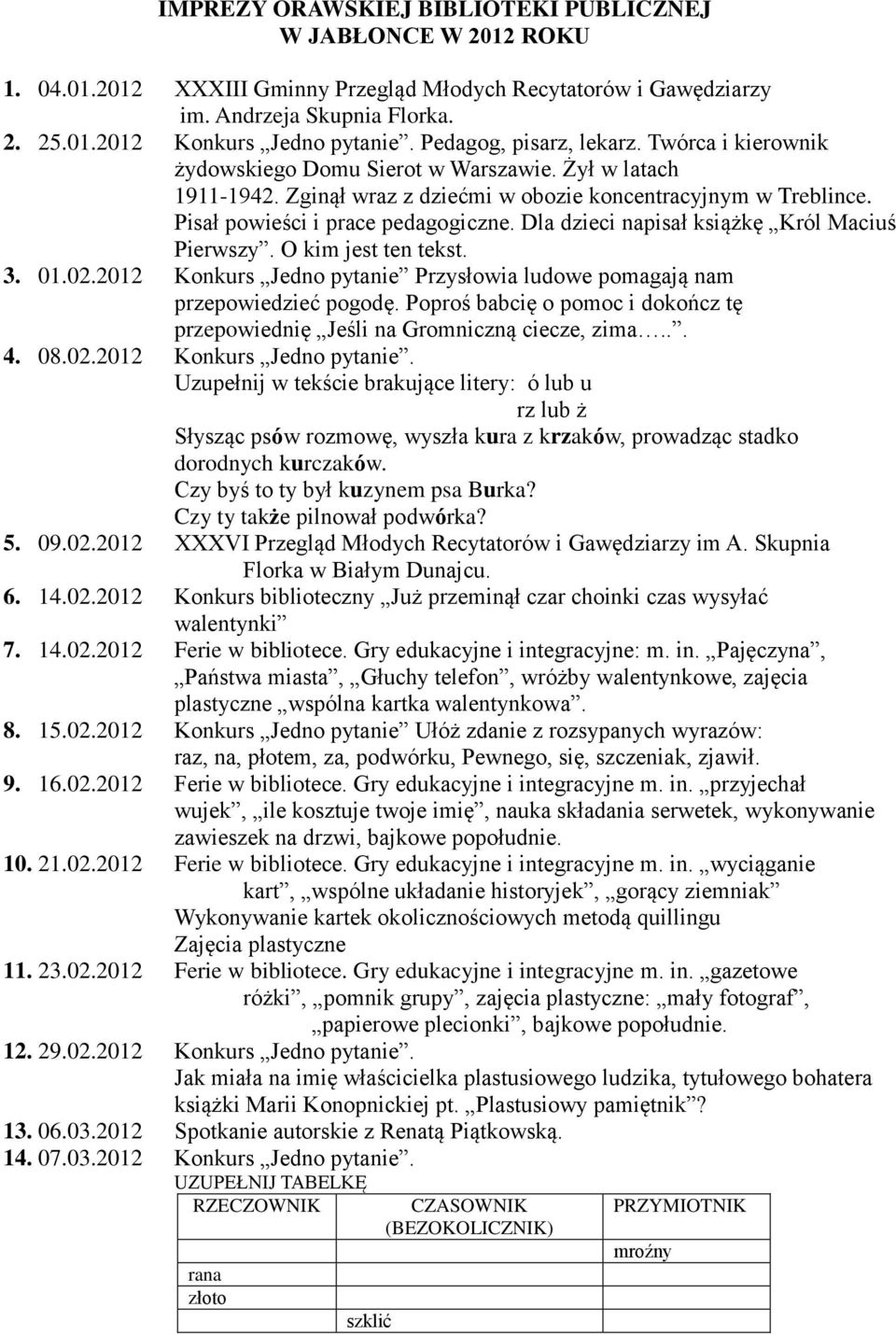 Pisał powieści i prace pedagogiczne. Dla dzieci napisał książkę Król Maciuś Pierwszy. O kim jest ten tekst. 3. 01.02.2012 Konkurs Jedno pytanie Przysłowia ludowe pomagają nam przepowiedzieć pogodę.