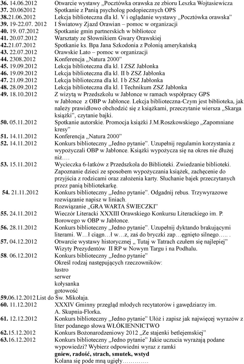 21.07.2012 Spotkanie ks. Bpa Jana Szkodonia z Polonią amerykańską 43. 22.07.2012 Orawskie Lato pomoc w organizacji 44. 2308.2012 Konferencja Natura 2000 45. 19.09.2012 Lekcja biblioteczna dla kl.