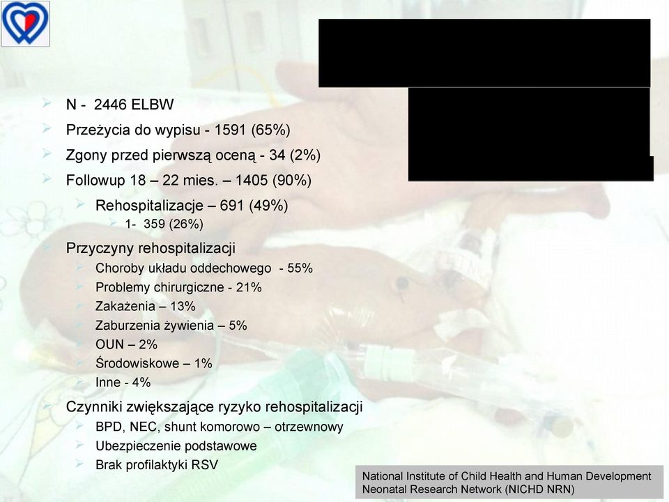 21% Zakażenia 13% Zaburzenia żywienia 5% OUN 2% Środowiskowe 1% Inne - 4% Czynniki zwiększające ryzyko rehospitalizacji BPD, NEC,