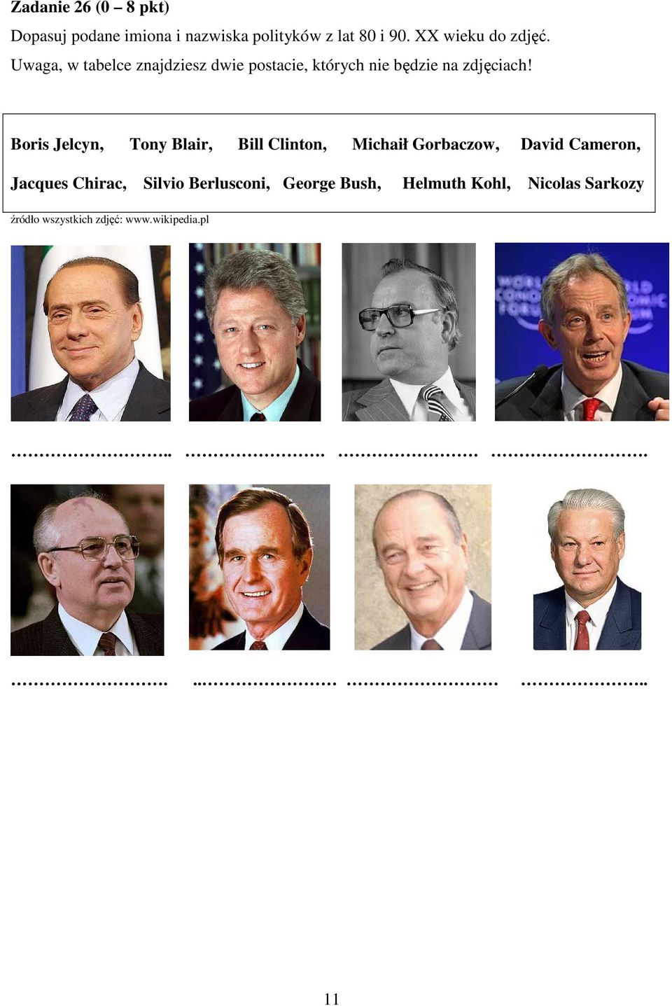 Boris Jelcyn, Tony Blair, Bill Clinton, Michaił Gorbaczow, David Cameron, Jacques Chirac,