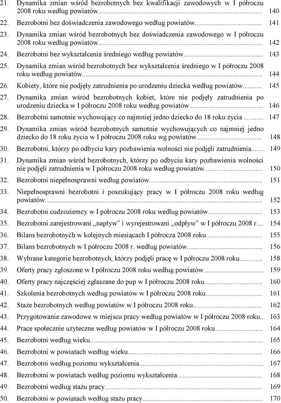 Dynamika zmian wśród bezrobotnych bez wykształcenia średniego w I półroczu 2008 roku według powiatów... 144 26. Kobiety, które nie podjęły zatrudnienia po urodzeniu dziecka według powiatów... 145 27.