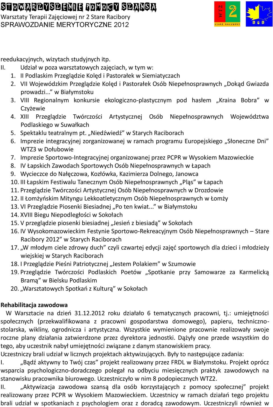 VIII Regionalnym konkursie ekologiczno-plastycznym pod hasłem Kraina Bobra w Czyżewie 4. XIII Przeglądzie Twórczości Artystycznej Osób Niepełnosprawnych Województwa Podlaskiego w Suwałkach 5.