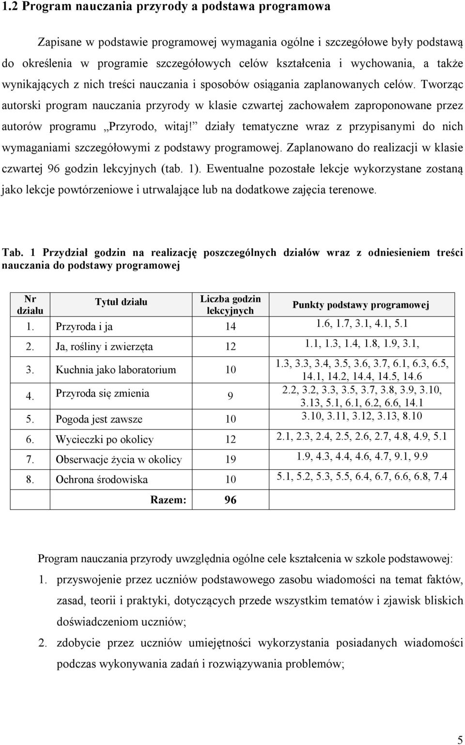 Tworząc autorski program nauczania przyrody w klasie czwartej zachowałem zaproponowane przez autorów programu Przyrodo, witaj!