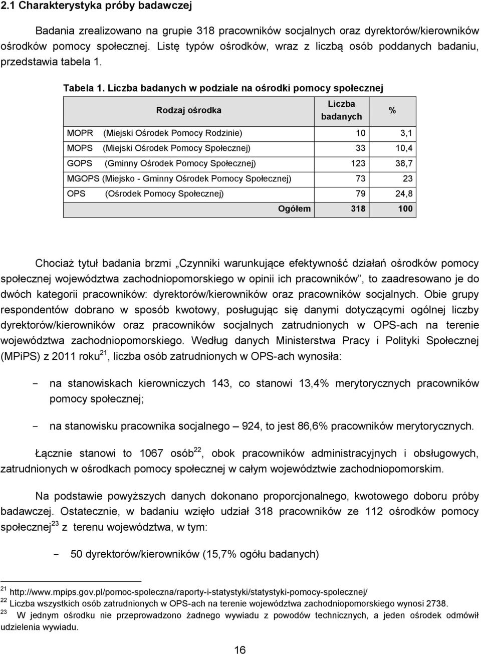 Liczba badanych w podziale na ośrodki pomocy społecznej Rodzaj ośrodka Liczba badanych MOPR (Miejski Ośrodek Pomocy Rodzinie) 10 3,1 MOPS (Miejski Ośrodek Pomocy Społecznej) 33 10,4 GOPS (Gminny