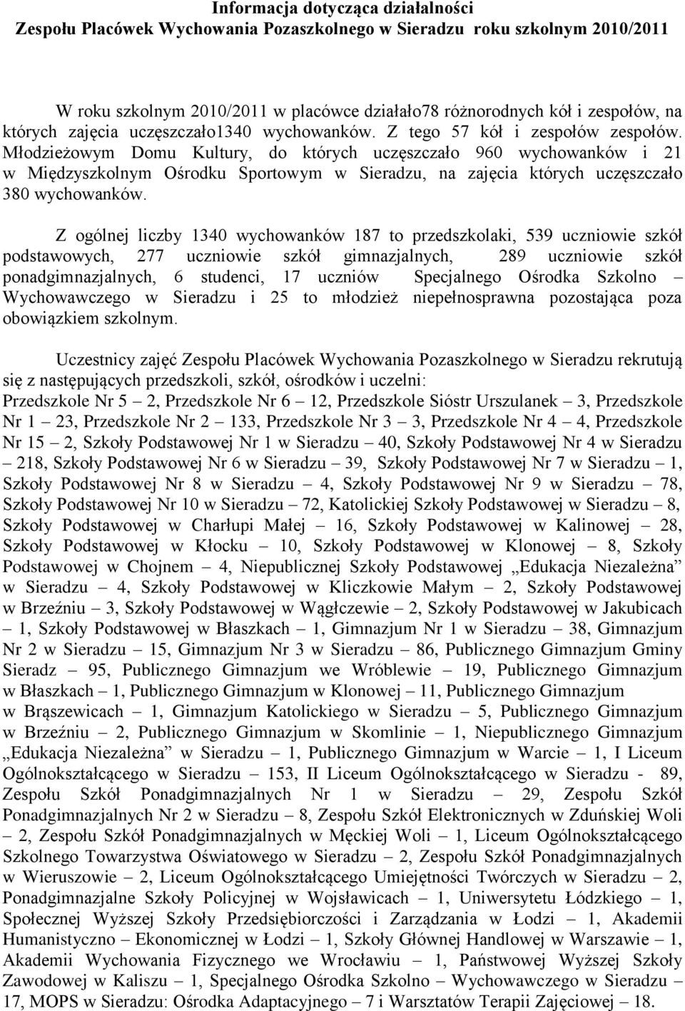 Młodzieżowym Domu Kultury, do których uczęszczało 960 wychowanków i 21 w Międzyszkolnym Ośrodku Sportowym w Sieradzu, na zajęcia których uczęszczało 380 wychowanków.