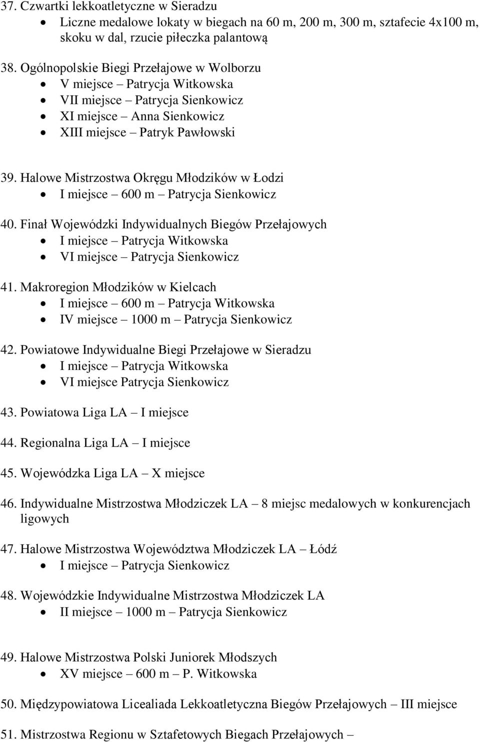 Halowe Mistrzostwa Okręgu Młodzików w Łodzi I miejsce 600 m Patrycja Sienkowicz 40. Finał Wojewódzki Indywidualnych Biegów Przełajowych I miejsce Patrycja Witkowska VI miejsce Patrycja Sienkowicz 41.