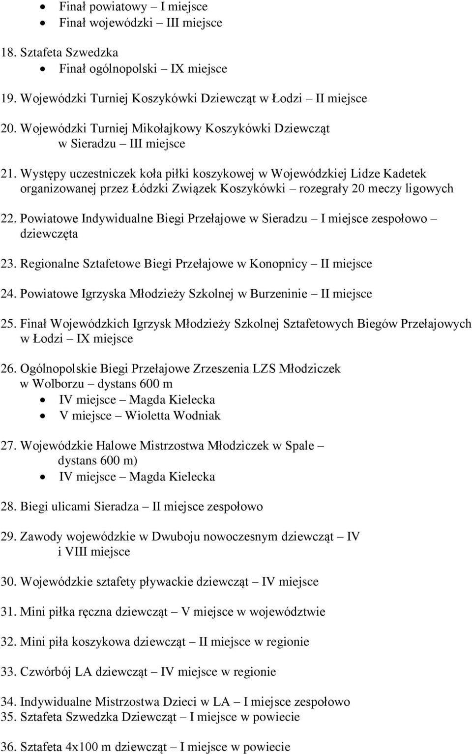 Występy uczestniczek koła piłki koszykowej w Wojewódzkiej Lidze Kadetek organizowanej przez Łódzki Związek Koszykówki rozegrały 20 meczy ligowych 22.