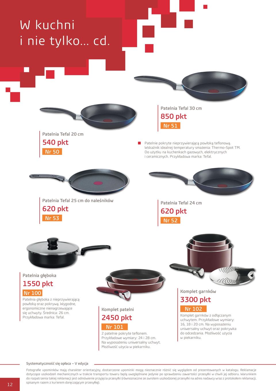 Patelnia Tefal 25 cm do naleśników 620 pkt Nr 53 Patelnia Tefal 24 cm 620 pkt Nr 52 Patelnia głęboka 1550 pkt Nr 100 Patelnia głęboka z nieprzywierającą powłoką oraz pokrywą.