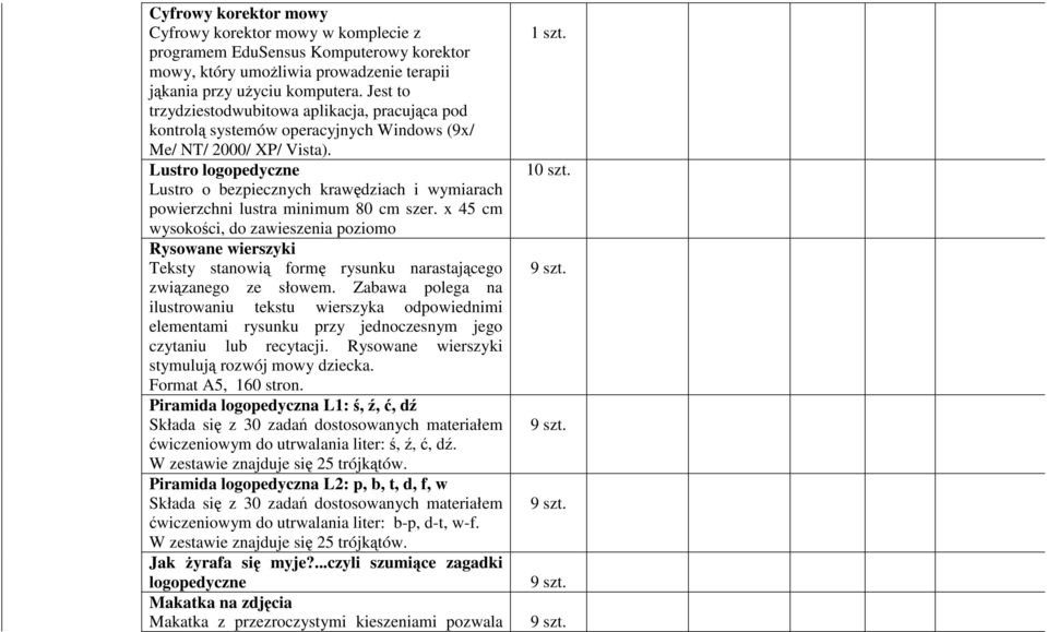 Lustro logopedyczne Lustro o bezpiecznych krawędziach i wymiarach powierzchni lustra minimum 80 cm szer.