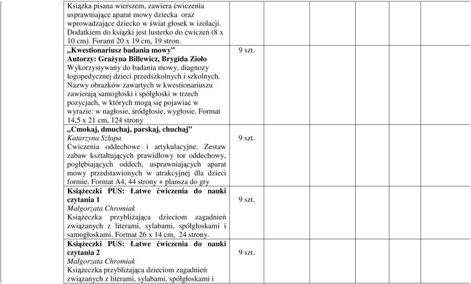 Nazwy obrazków zawartych w kwestionariuszu zawierają samogłoski i spółgłoski w trzech pozycjach, w których mogą się pojawiać w wyrazie: w nagłosie, śródgłosie, wygłosie.