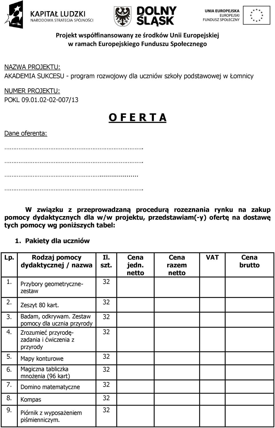 ..... W związku z przeprowadzaną procedurą rozeznania rynku na zakup pomocy dydaktycznych dla w/w projektu, przedstawiam(-y) ofertę na dostawę tych pomocy wg poniższych tabel:.