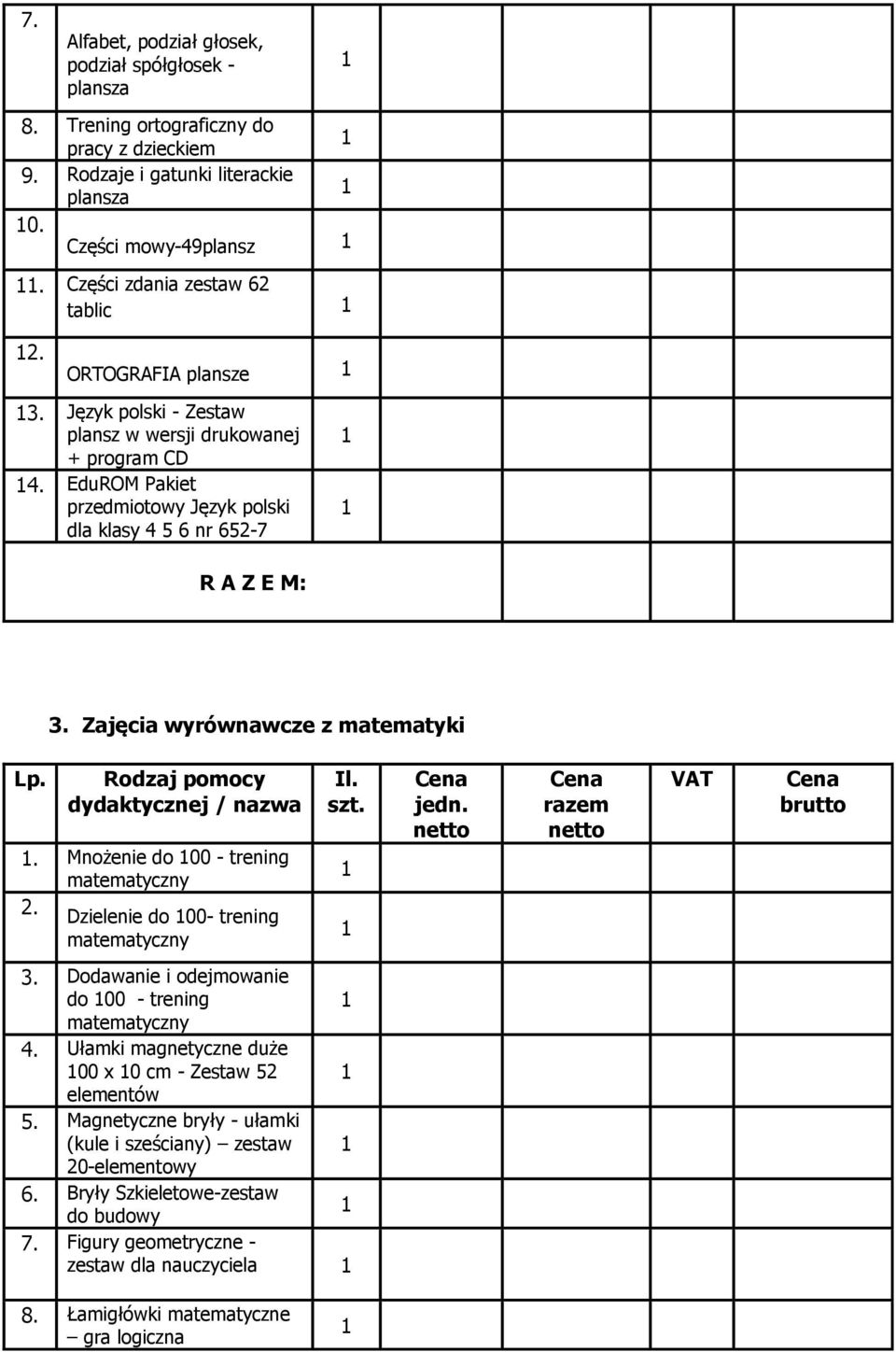 Zajęcia wyrównawcze z matematyki. Mnożenie do 00 - trening matematyczny 2. Dzielenie do 00- trening matematyczny 3. Dodawanie i odejmowanie do 00 - trening matematyczny 4.