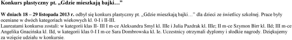 Laureatami konkursu zostali: w kategorii klas II- III I m-ce Aleksandra Smyl kl. IIIe i Julia Pazdrak kl. IIIe; II m-ce Szymon Birr kl.