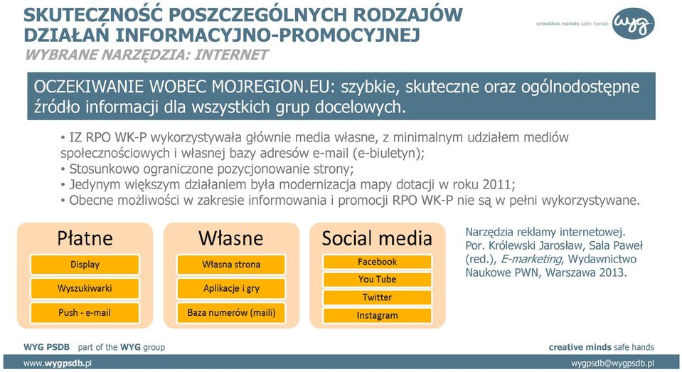 IZ RPO WK-P wykorzystywała głównie media własne, z minimalnym udziałem mediów społecznościowych i własnej bazy adresów e-mail(e-biuletyn); Stosunkowo ograniczone