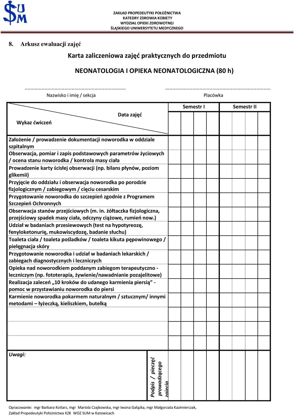 .. Placówka Wykaz ćwiczeń Data zajęć Semestr I Semestr II Założenie / prowadzenie dokumentacji noworodka w oddziale szpitalnym Obserwacja, pomiar i zapis podstawowych parametrów życiowych / ocena