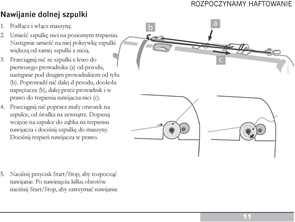 Poprowadź nić dalej d przodu, dookoła naprężacza (b), dalej przez prowadnik i w prawo do trzpienia nawijacza nici (c). 4. Przeciągnij nić poprzez mały otworek na szpulce, od środka na zewnątrz.