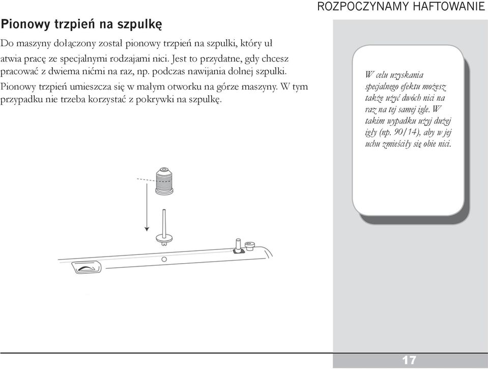 Pionowy trzpień umieszcza się w małym otworku na górze maszyny. W tym przypadku nie trzeba korzystać z pokrywki na szpulkę.