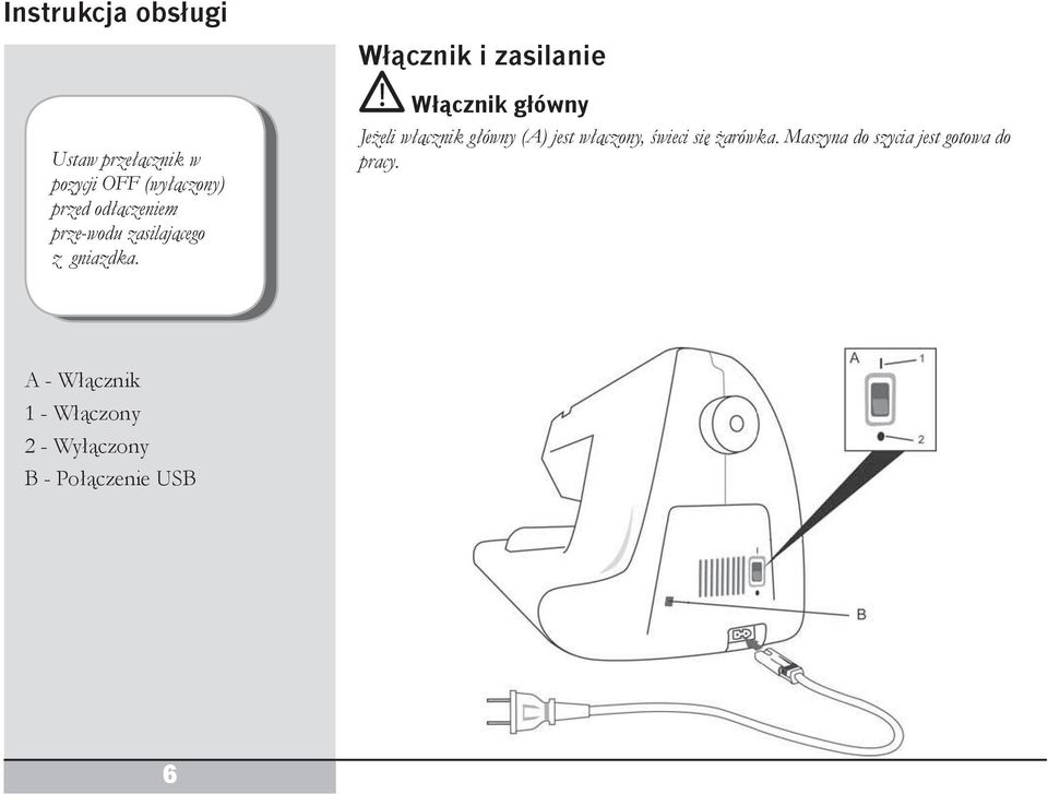 Włącznik główny Jeżeli włącznik główny (A) jest włączony, świeci się żarówka.