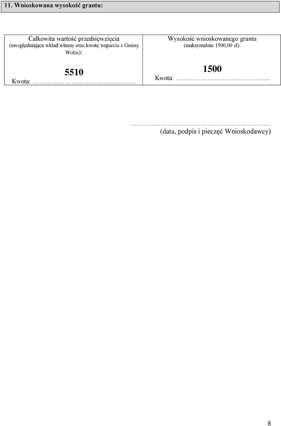 wsparcia z Gminy Wolin): 5510 Kwota: Wysokość wnioskowanego