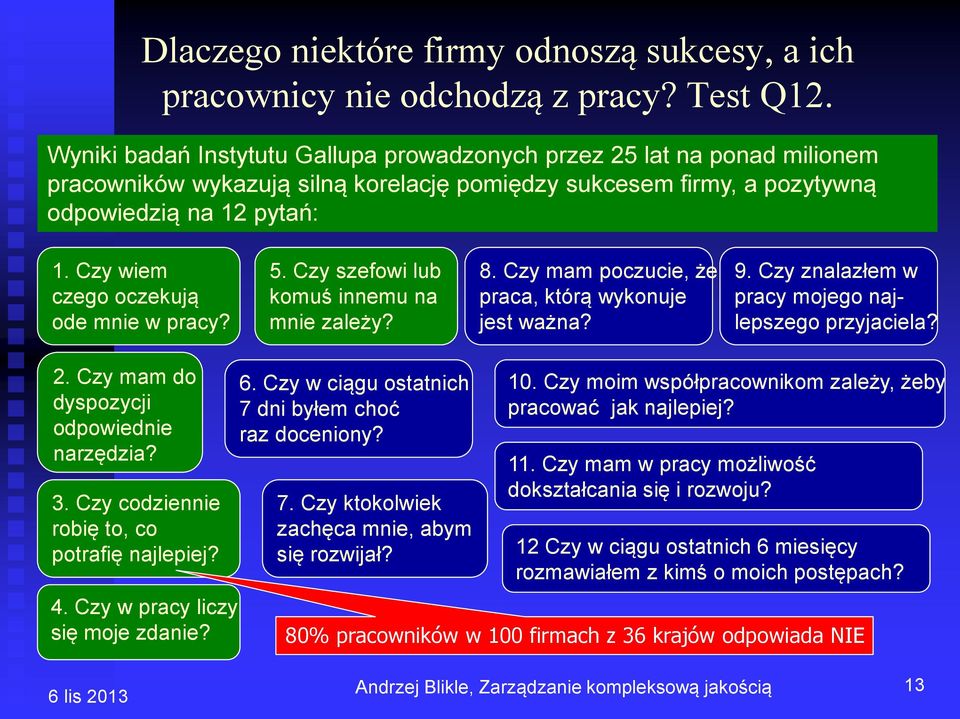 Czy wiem czego oczekują ode mnie w pracy? 5. Czy szefowi lub komuś innemu na mnie zależy? 8. Czy mam poczucie, że praca, którą wykonuje jest ważna? 9.