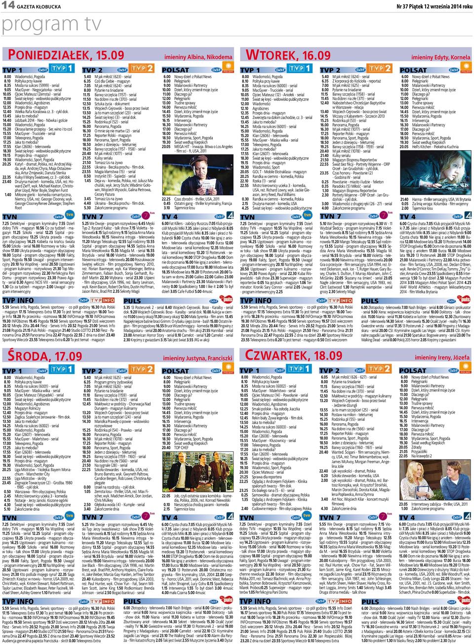 40 Wielka Rafa Koralowa.cz. 3 - cykl dok. 13.45 Jaka to melodia? 14.40 Lidzbark 2014 - Neo - Nówka i goście 15.00 Wiadomości, Pogoda 15.20 Okrasa łamie przepisy - Ser, wino i to coś 15.