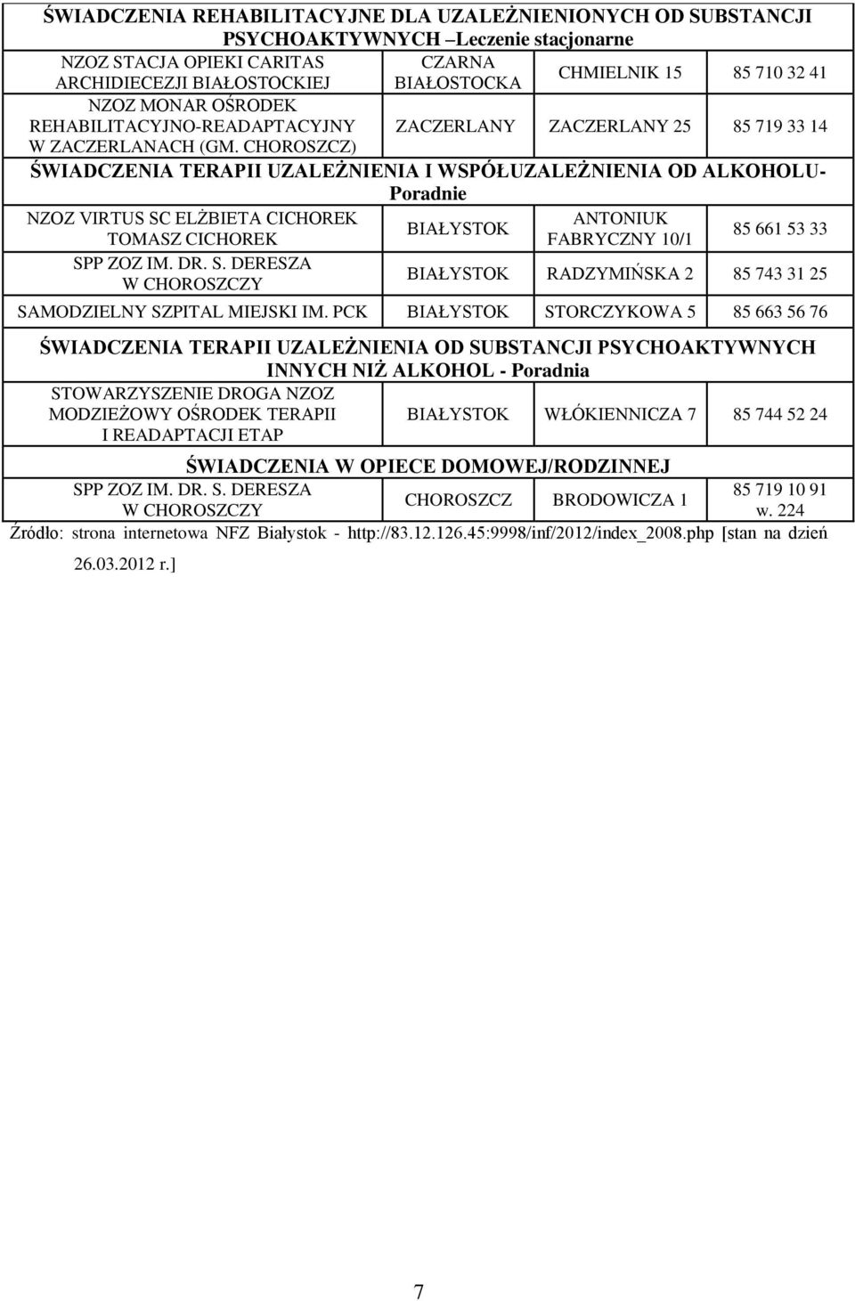 CHOROSZCZ) ŚWIADCZENIA TERAPII UZALEŻNIENIA I WSPÓŁUZALEŻNIENIA OD ALKOHOLU- Poradnie NZOZ VIRTUS SC ELŻBIETA CICHOREK ANTONIUK TOMASZ CICHOREK FABRYCZNY 10/1 85 661 53 33 RADZYMIŃSKA 2 85 743 31 25