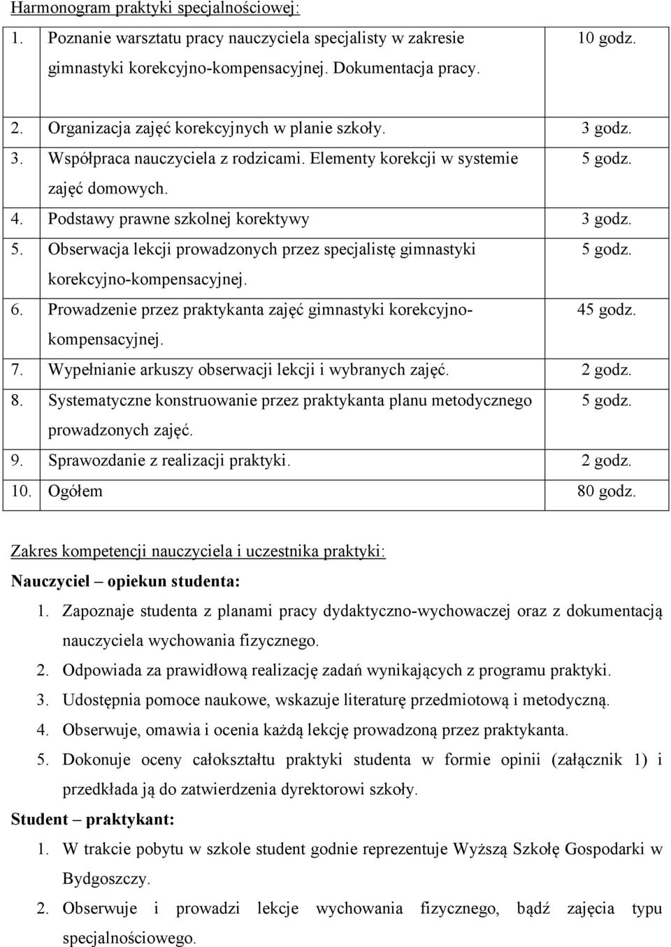 korekcyjno-kompensacyjnej. 6. Prowadzenie przez praktykanta zajęć gimnastyki korekcyjnokompensacyjnej. 45 godz. 7. Wypełnianie arkuszy obserwacji lekcji i wybranych zajęć. 2 godz. 8.