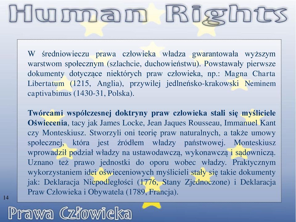 14 Twórcami współczesnej doktryny praw człowieka stali się myśliciele Oświecenia, tacy jak James Locke, Jean Jaques Rousseau, Immanuel Kant czy Monteskiusz.