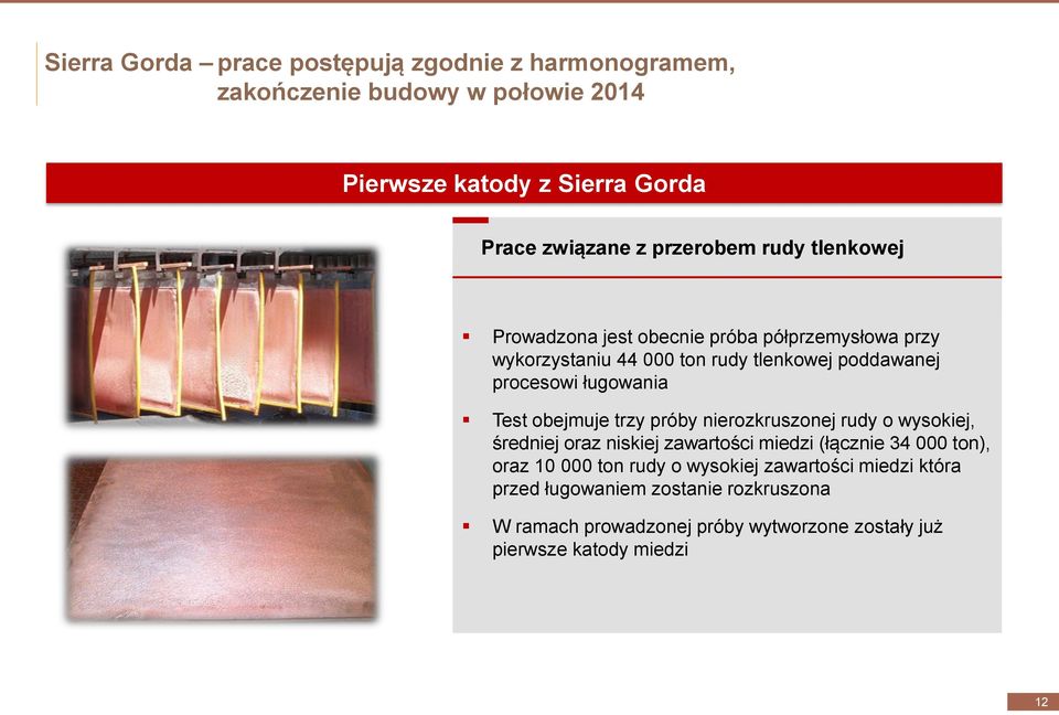 ługowania Test obejmuje trzy próby nierozkruszonej rudy o wysokiej, średniej oraz niskiej zawartości miedzi (łącznie 34 000 ton), oraz 10 000