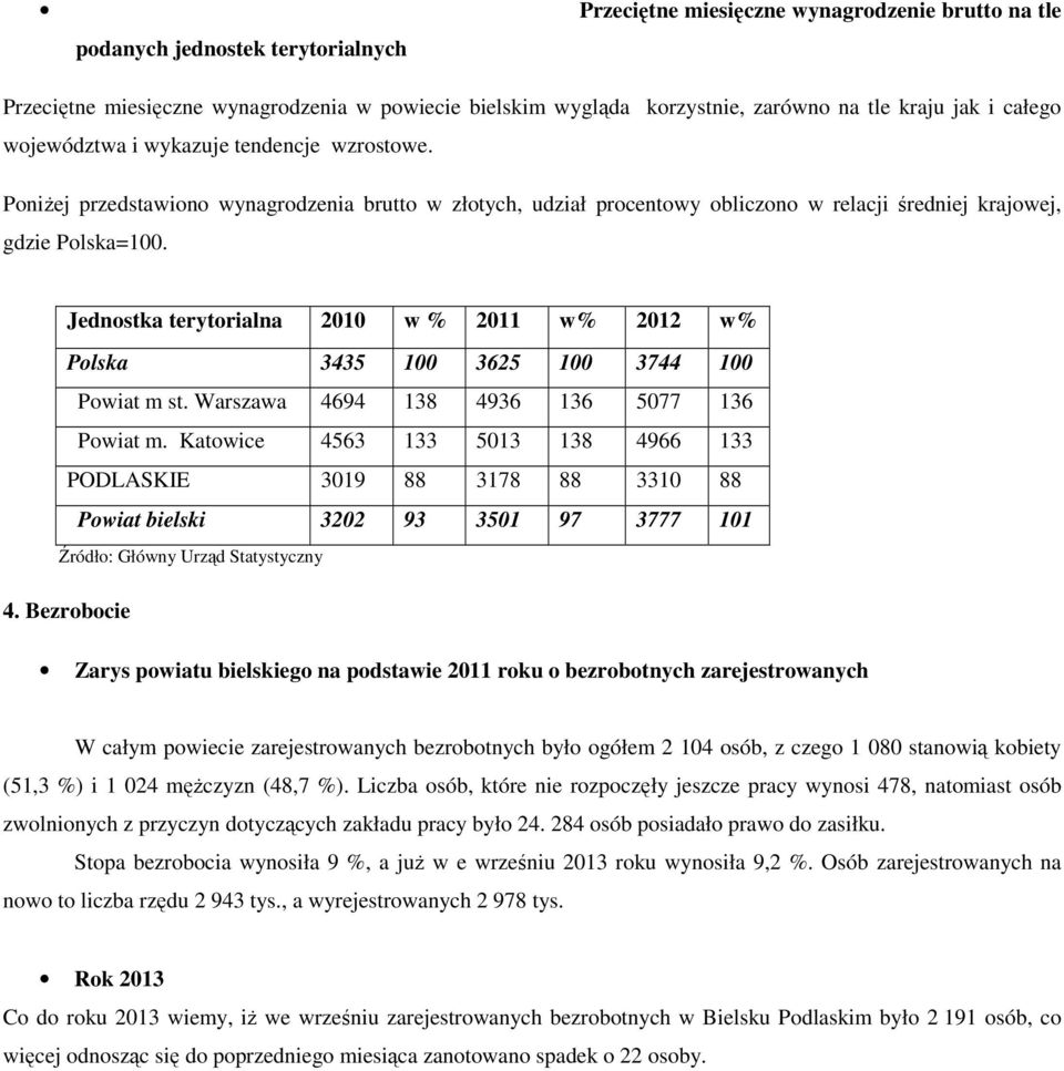 Jednostka terytorialna 2010 w % 2011 w% 2012 w% Polska 3435 100 3625 100 3744 100 Powiat m st. Warszawa 4694 138 4936 136 5077 136 Powiat m.