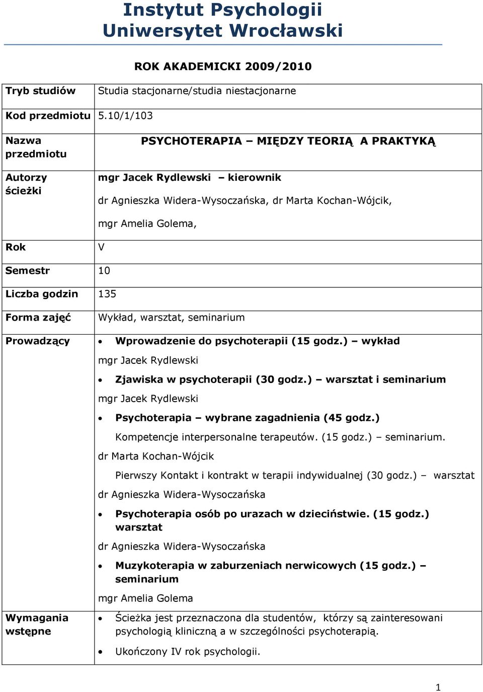 godzin 135 Forma zajęć Wykład, warsztat, seminarium Prowadzący Wprowadzenie do psychoterapii (15 godz.) wykład mgr Jacek Rydlewski Zjawiska w psychoterapii (30 godz.