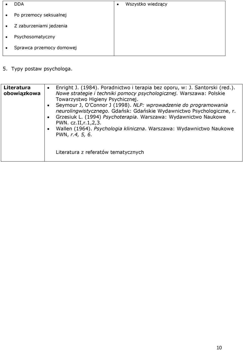 Seymour J, O Connor J (1998). NLP: wprowadzenie do programowania neurolingwistycznego. Gdańsk: Gdańskie Wydawnictwo Psychologiczne, r. Grzesiuk L.