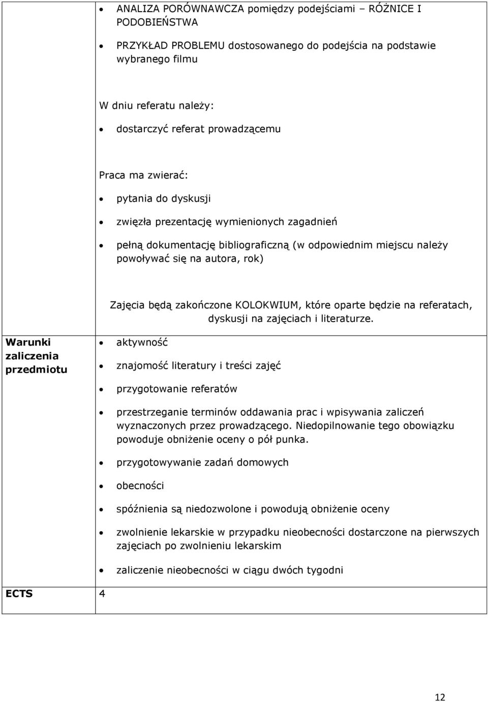 zakończone KOLOKWIUM, które oparte będzie na referatach, dyskusji na zajęciach i literaturze.