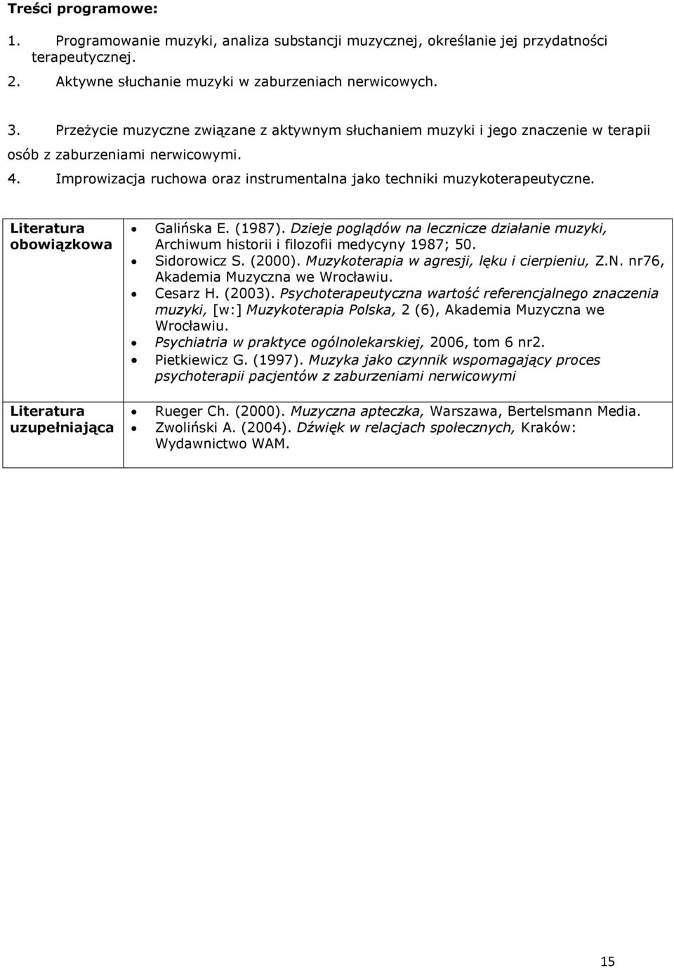 obowiązkowa uzupełniająca Galińska E. (1987). Dzieje poglądów na lecznicze działanie muzyki, Archiwum historii i filozofii medycyny 1987; 50. Sidorowicz S. (2000).
