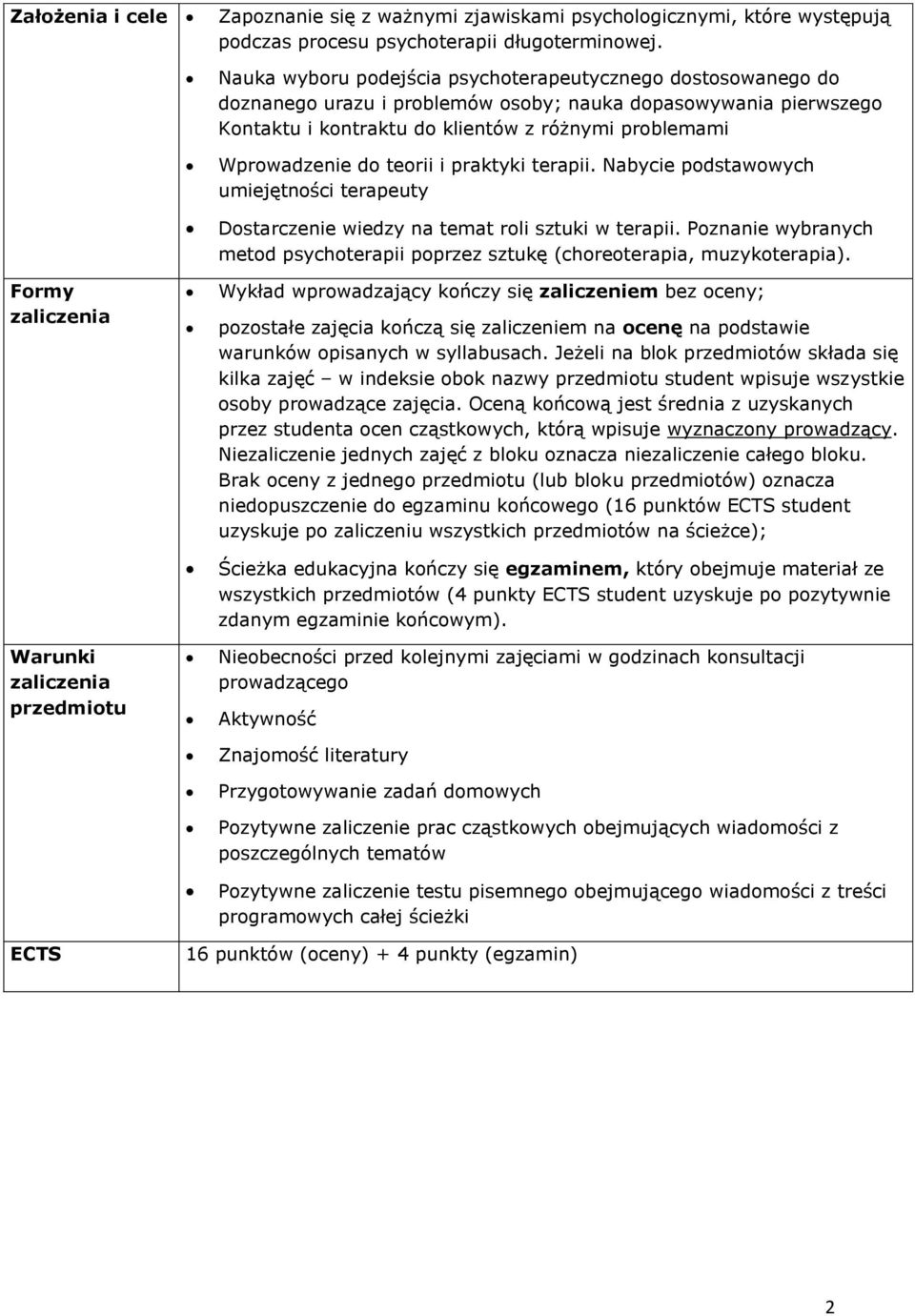 teorii i praktyki terapii. Nabycie podstawowych umiejętności terapeuty Dostarczenie wiedzy na temat roli sztuki w terapii.