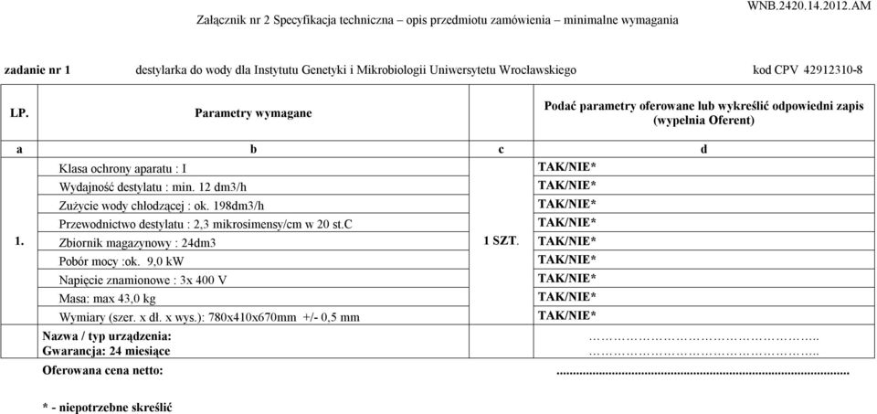 Klasa ochrony aparatu : I Wydajność destylatu : min. 12 dm3/h Zużycie wody chłodzącej : ok.