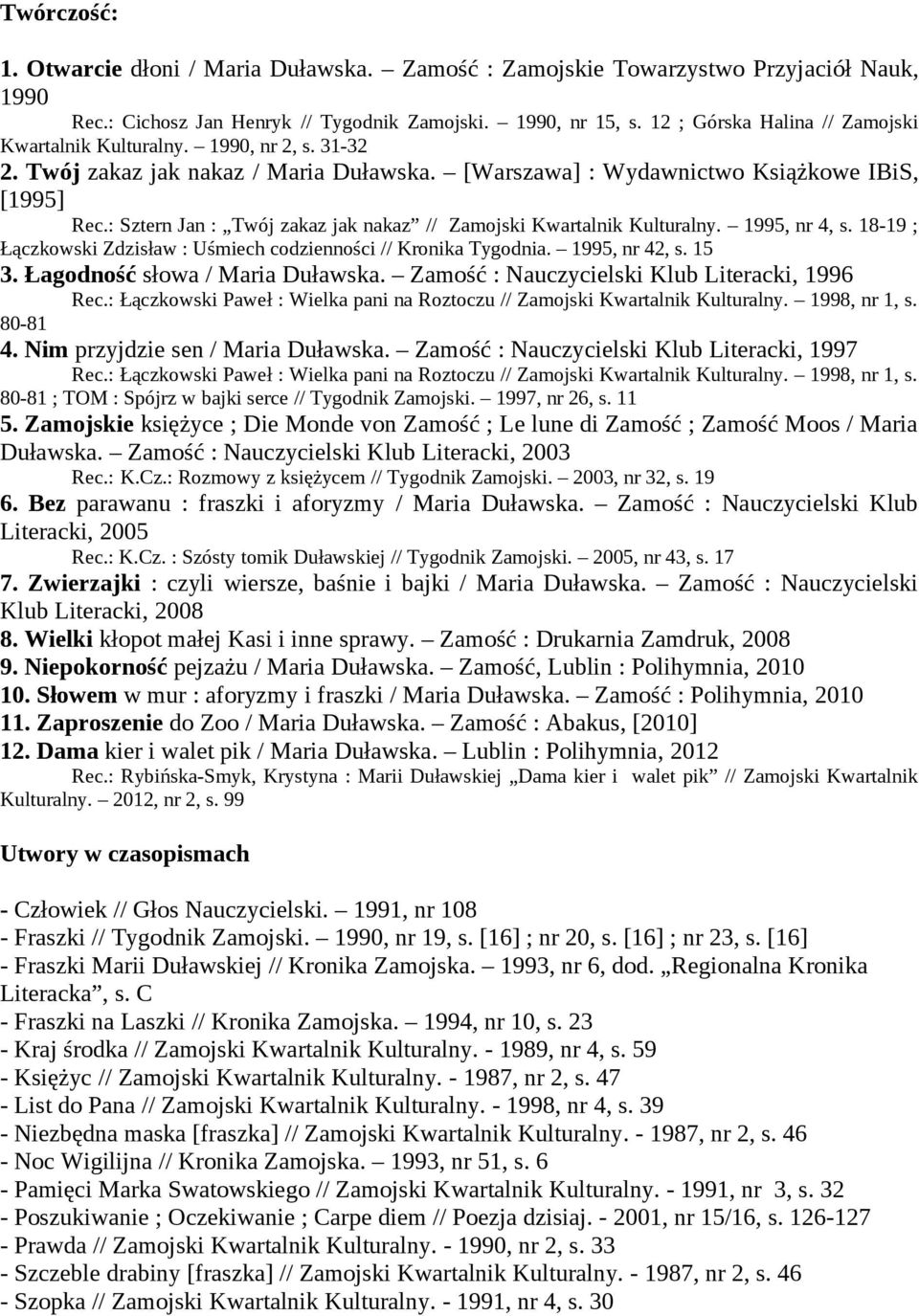 : Sztern Jan : Twój zakaz jak nakaz // Zamojski Kwartalnik Kulturalny. 1995, nr 4, s. 18-19 ; Łączkowski Zdzisław : Uśmiech codzienności // Kronika Tygodnia. 1995, nr 42, s. 15 3.