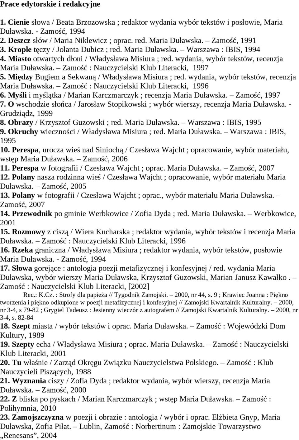 Zamość : Nauczycielski Klub Literacki, 1997 5. Między Bugiem a Sekwaną / Władysława Misiura ; red. wydania, wybór tekstów, recenzja Maria Duławska. Zamość : Nauczycielski Klub Literacki, 1996 6.
