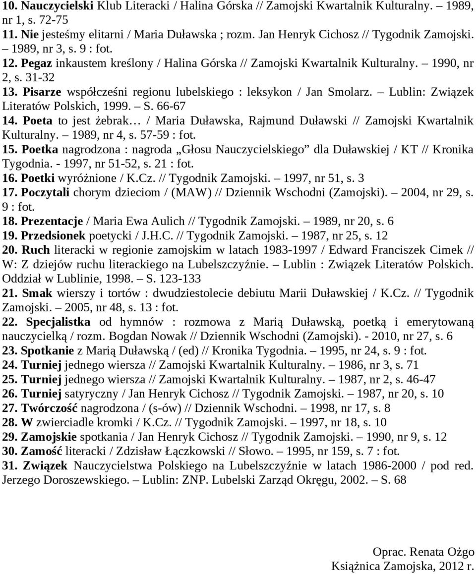 Lublin: Związek Literatów Polskich, 1999. S. 66-67 14. Poeta to jest żebrak / Maria Duławska, Rajmund Duławski // Zamojski Kwartalnik Kulturalny. 1989, nr 4, s. 57-59 : fot. 15.