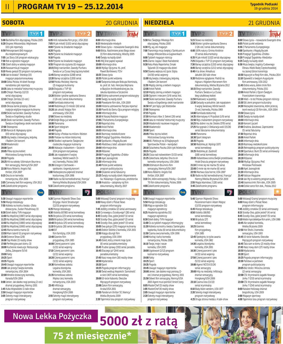 Pełnosprawni (84) magazyn dla niepełnosprawnych 7:05 Las Story (14) program edukacyjny 7:30 Rok w ogrodzie magazyn 7:55 Dzień dobry w sobotę magazyn 8:35 Naszaarmia.