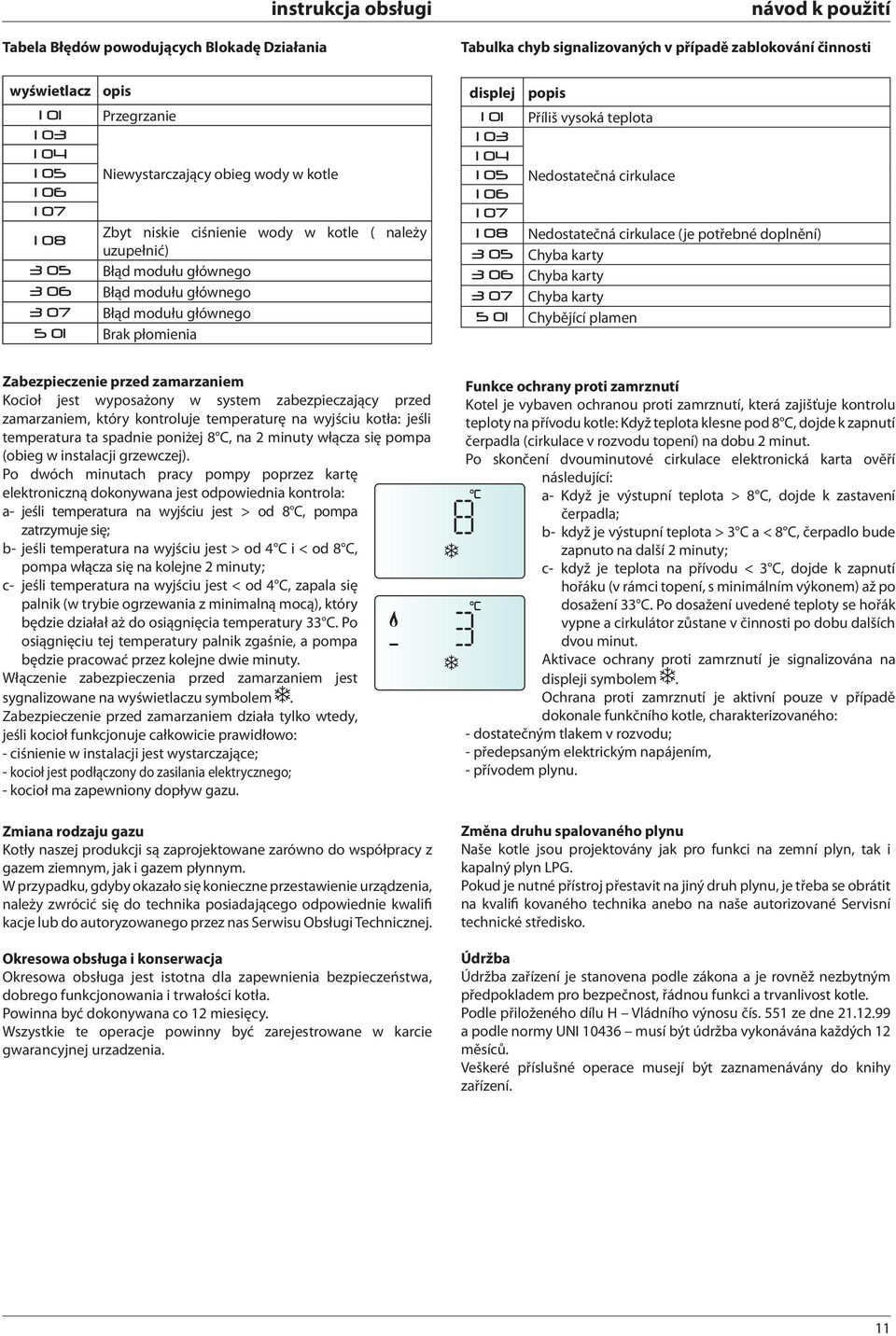 Příliš vysoká teplota 1 03 1 04 1 05 Nedostatečná cirkulace 1 06 1 07 1 08 Nedostatečná cirkulace (je potřebné doplnění) 3 05 Chyba karty 3 06 Chyba karty 3 07 Chyba karty 5 01 Chybějící plamen