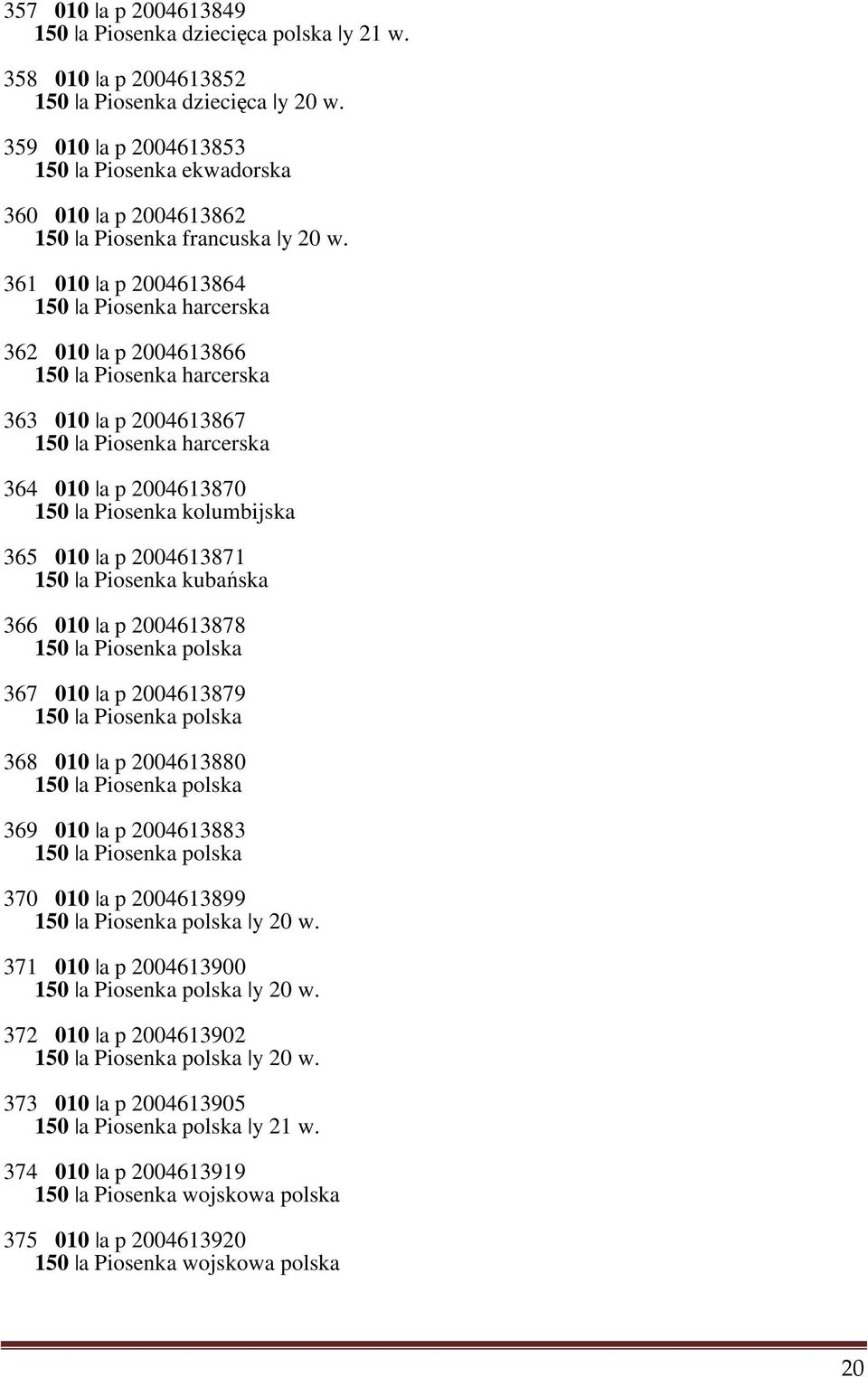 361 010 a p 2004613864 150 a Piosenka harcerska 362 010 a p 2004613866 150 a Piosenka harcerska 363 010 a p 2004613867 150 a Piosenka harcerska 364 010 a p 2004613870 150 a Piosenka kolumbijska 365