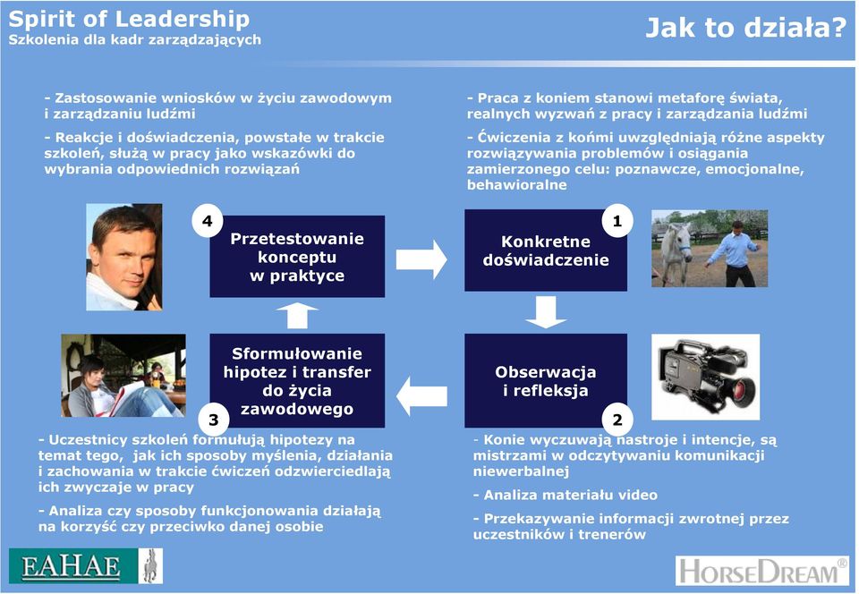 stanowi metaforę świata, realnych wyzwań z pracy i zarządzania ludźmi - Ćwiczenia z końmi uwzględniają różne aspekty rozwiązywania problemów i osiągania zamierzonego celu: poznawcze, emocjonalne,