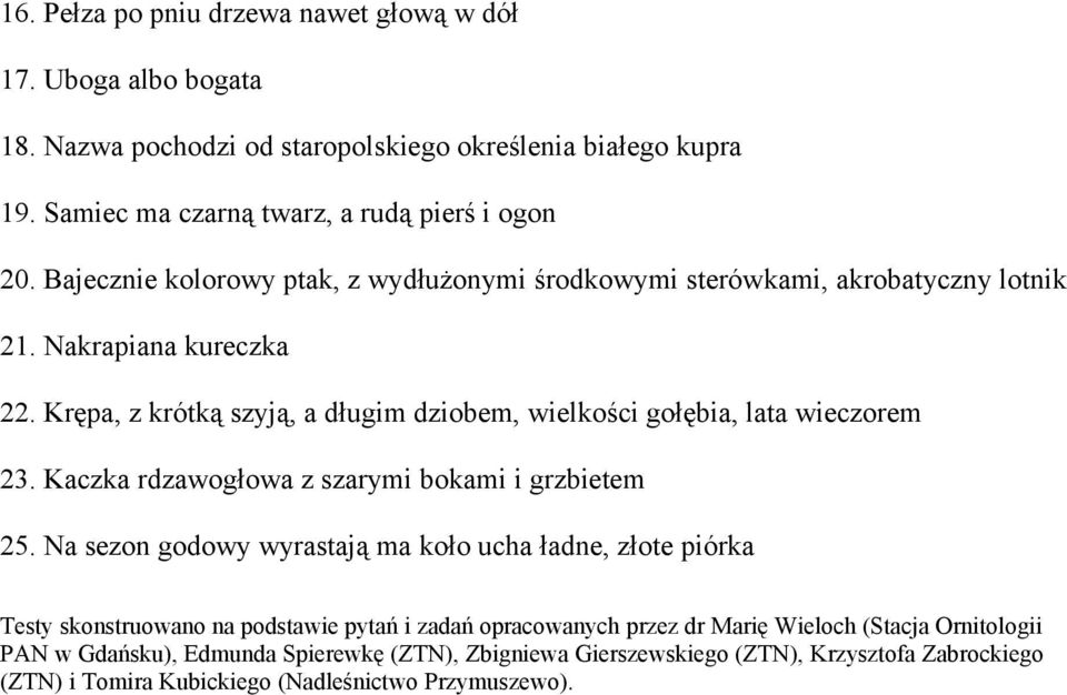 Krępa, z krótką szyją, a długim dziobem, wielkości gołębia, lata wieczorem 23. Kaczka rdzawogłowa z szarymi bokami i grzbietem 25.