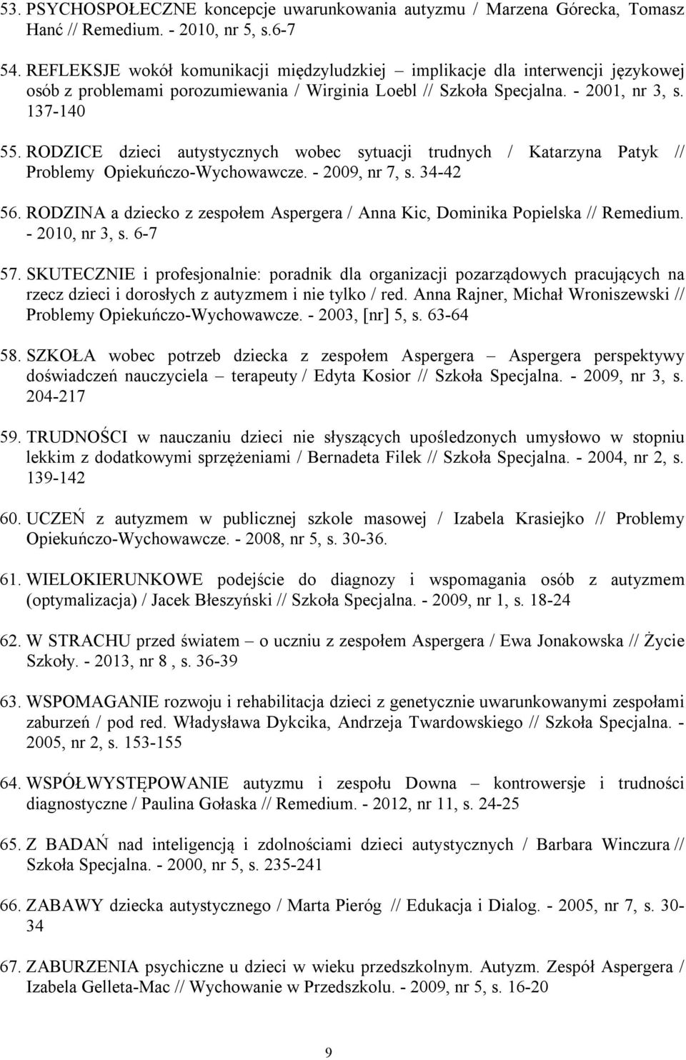 RODZICE dzieci autystycznych wobec sytuacji trudnych / Katarzyna Patyk // Problemy Opiekuńczo-Wychowawcze. - 2009, nr 7, s. 34-42 56.