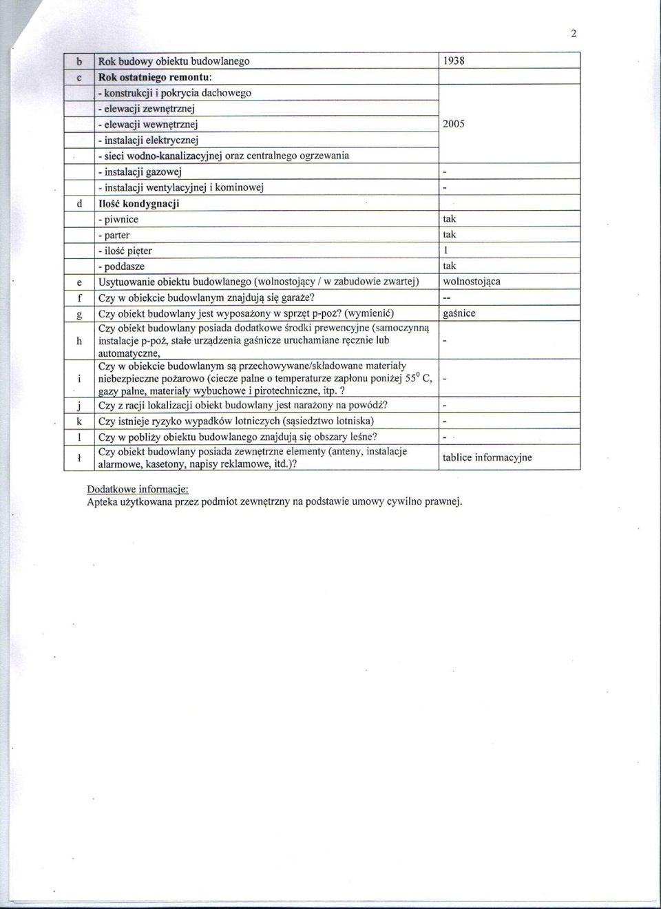 Usytuowanie obiektu budowlanego (wolnostojący / w zabudowie zwartej) wolnostojąca f Czy w obiekcie budowlanym znajdują się garaże? ~ g Czy obiekt budowlany jest wyposażony w sprzęt p-poż?