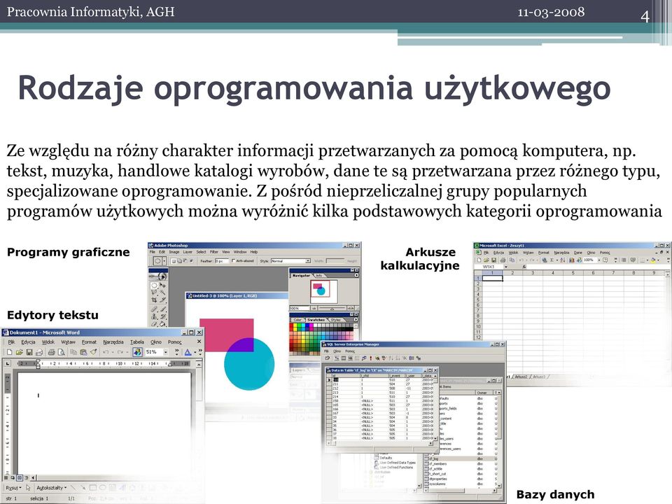 tekst, muzyka, handlowe katalogi wyrobów, dane te są przetwarzana przez różnego typu, specjalizowane oprogramowanie.