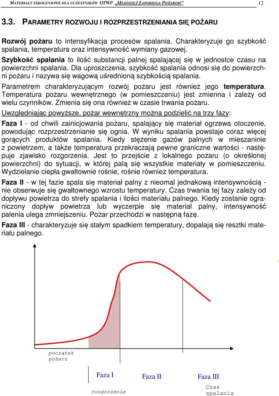 Dla uproszczenia, szybkość spalania odnosi się do powierzchni pożaru i nazywa się wagową uśrednioną szybkością spalania. Parametrem charakteryzującym rozwój pożaru jest również jego temperatura.