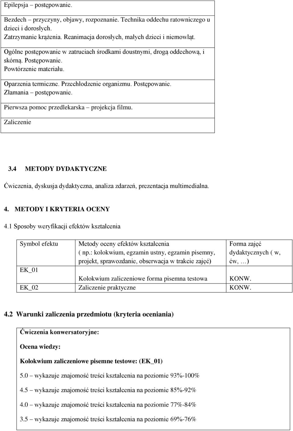 Pierwsza pomoc przedlekarska projekcja filmu. Zaliczenie 3.4 METODY DYDAKTYCZNE Ćwiczenia, dyskusja dydaktyczna, analiza zdarzeń, prezentacja multimedialna. 4. METODY I KRYTERIA OCENY 4.